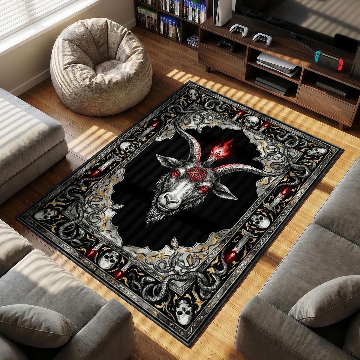 Close-up of Baphomet rug showing snake border detail and velvet dye-sublimation texture