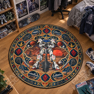 Barbatos Crimson Gundam round rug on a bedroom floor - Gundam chair mat