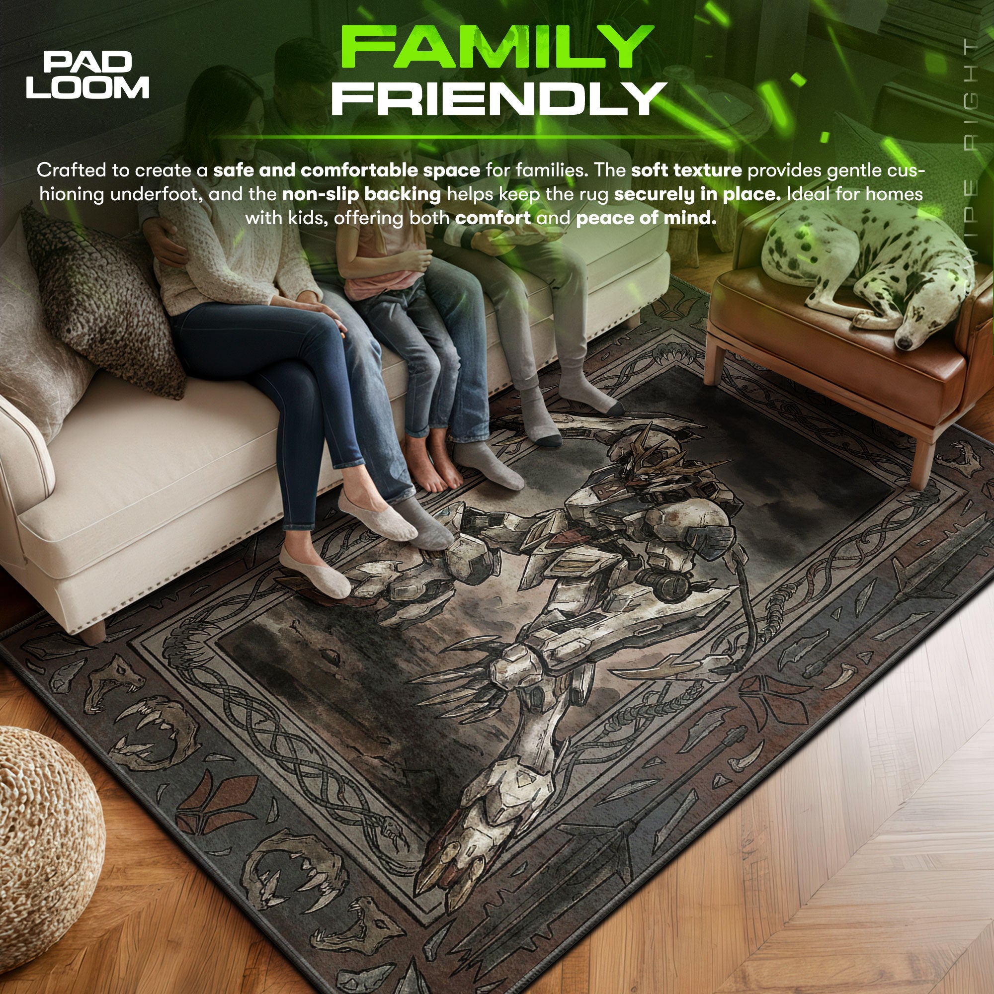 Barbatos area rug showing full home decor artwork
