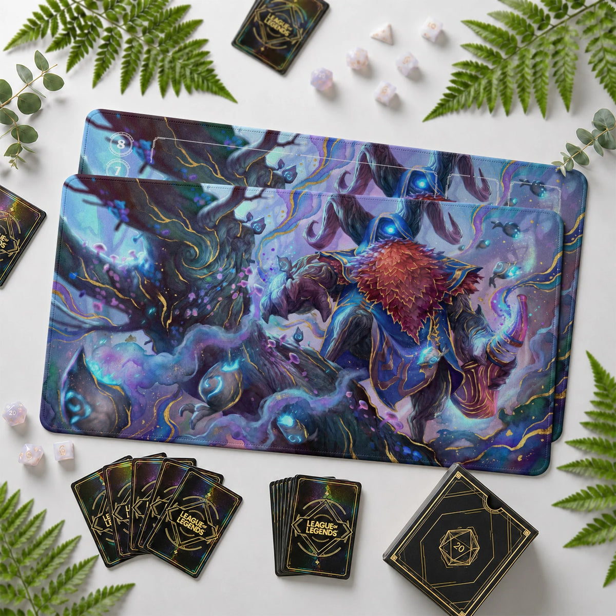 Bard Astral Riftbound TCG playmat with card zones and score track – LoL game mat