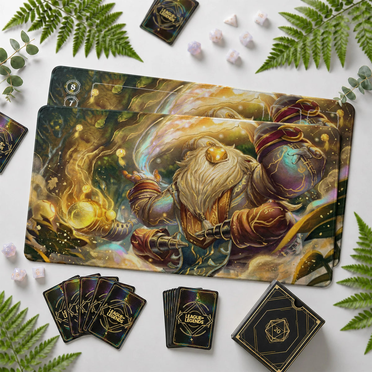 Bard Wander Riftbound TCG playmat with card zones and score track – LoL game mat