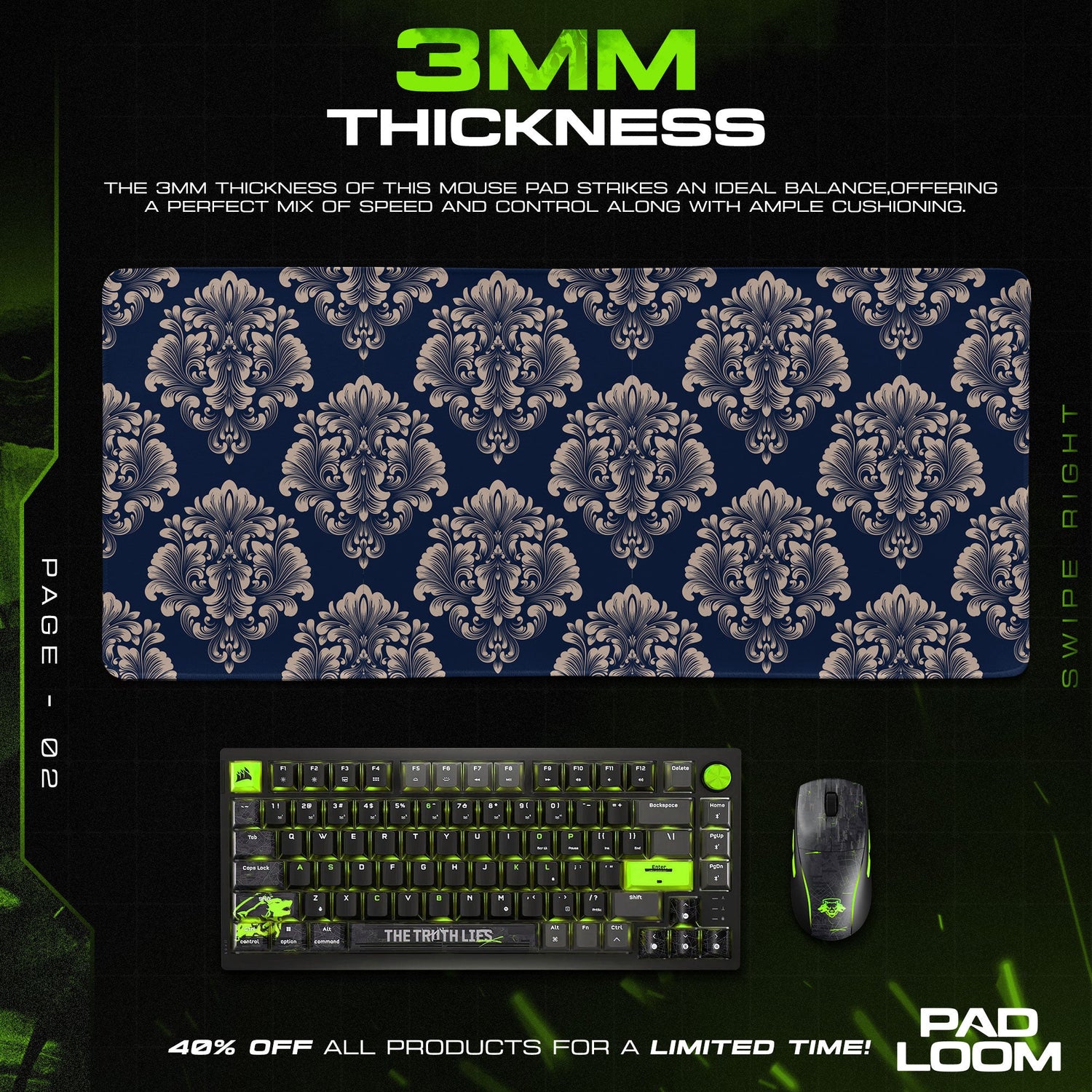 Baroque Damask Mouse Pad, Vintage Pattern Gaming Desk Mat Padloom