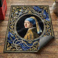 Baroque pearl portrait area rug with blue turban woman in gold oval frame with tulips on black ground