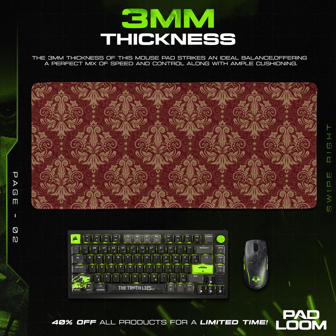 Baroque Red Damask Mouse Pad, Vintage Gold Gaming Desk Mat