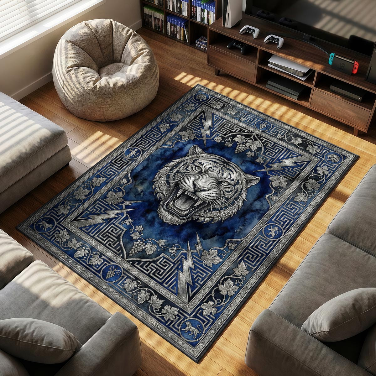 Blue Baroque Tiger Rug - Luxury Greek Key Floor Mat
