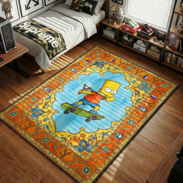 Bart Simpson riding a skateboard with a slingshot drawn in an ornate vintage art style movie themed area rug and home theater mat.