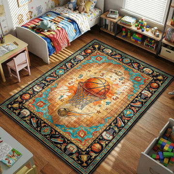 basketball slam dunk rug with hoop ball sneakers sports kids room decor