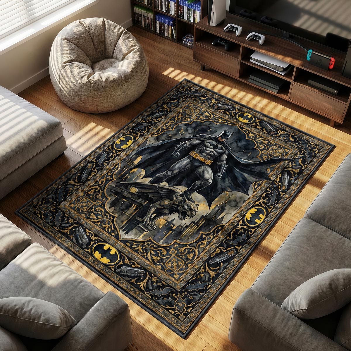 Batman Gotham themed area rug for home decor fans