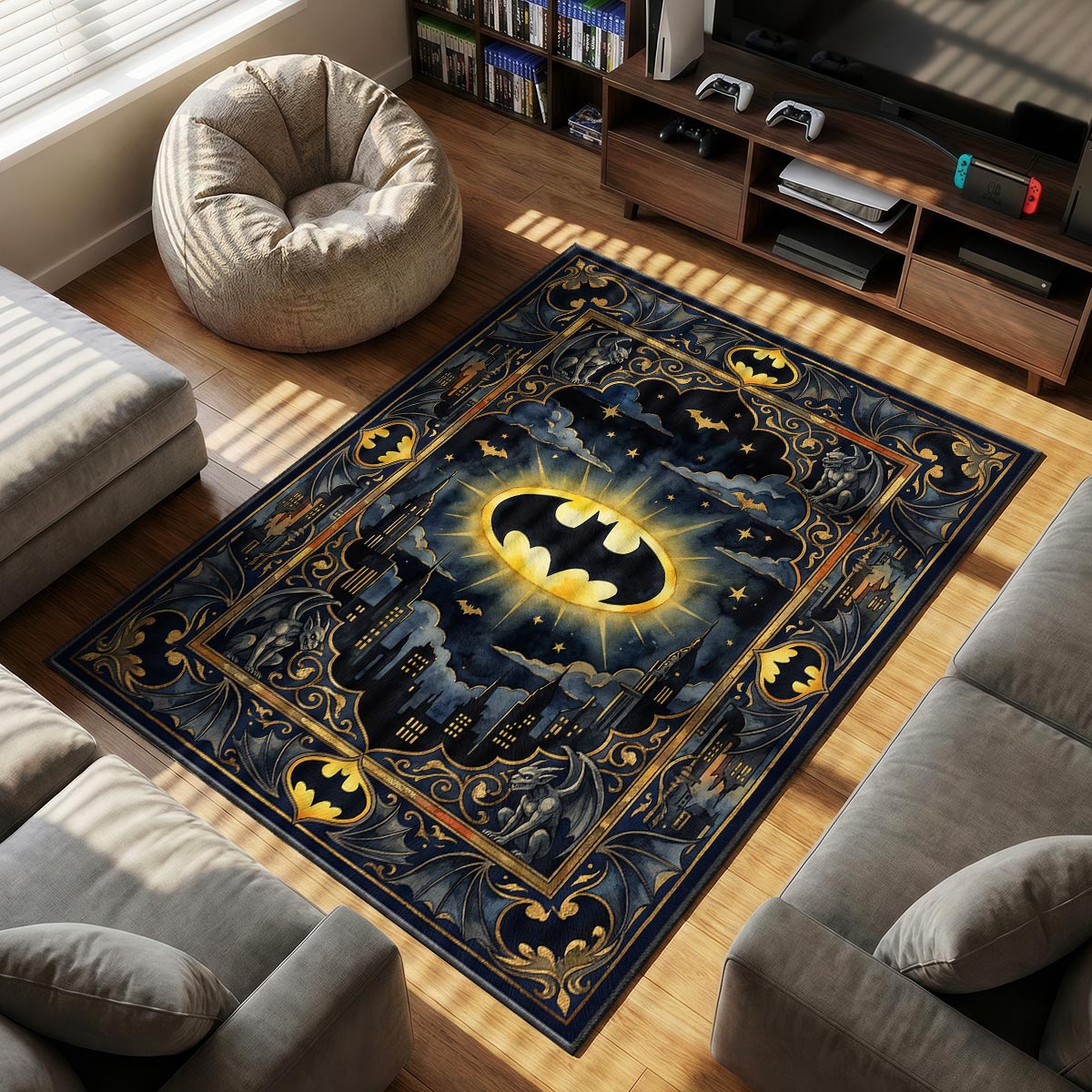 Batman Gotham themed area rug for home decor fans