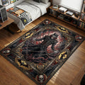 The Batman Who Laughs wrapped in chains and dark smoke with skull accents in a gothic tapestry art style movie themed area rug and home theater mat