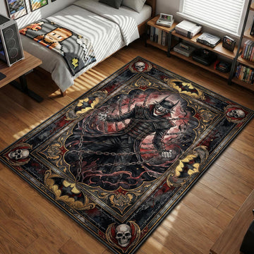 The Batman Who Laughs wrapped in chains and dark smoke with skull accents in a gothic tapestry art style movie themed area rug and home theater mat
