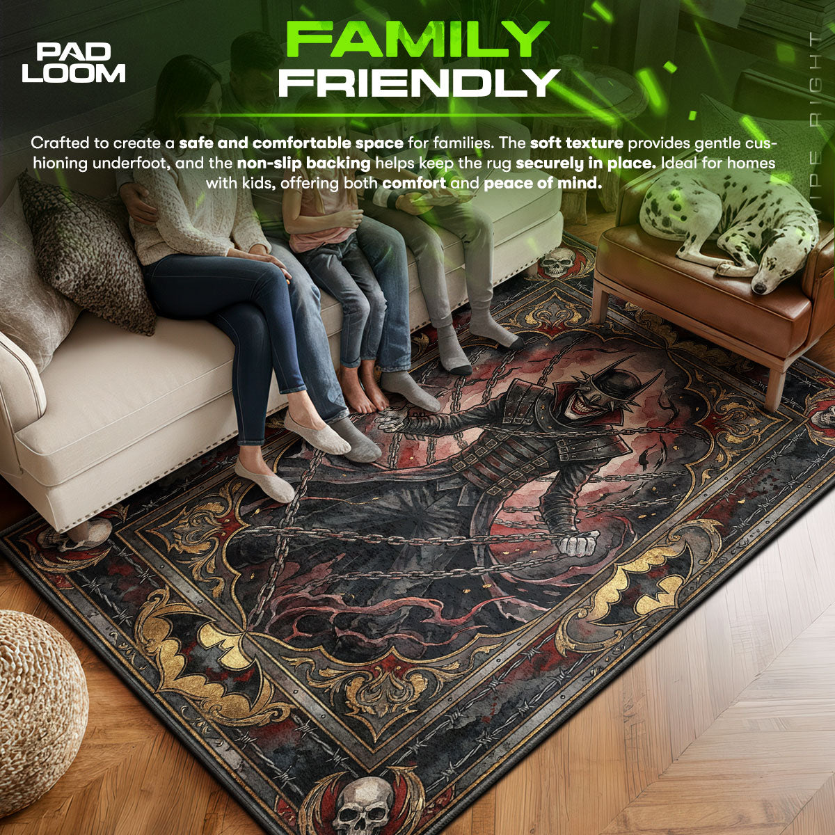 Batman area rug showing full Gothic artwork