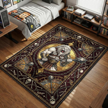 Battle Beast roaring with spiked mace surrounded by skulls and chains traditional ornate dark fantasy art style movie themed area rug and home theater mat
