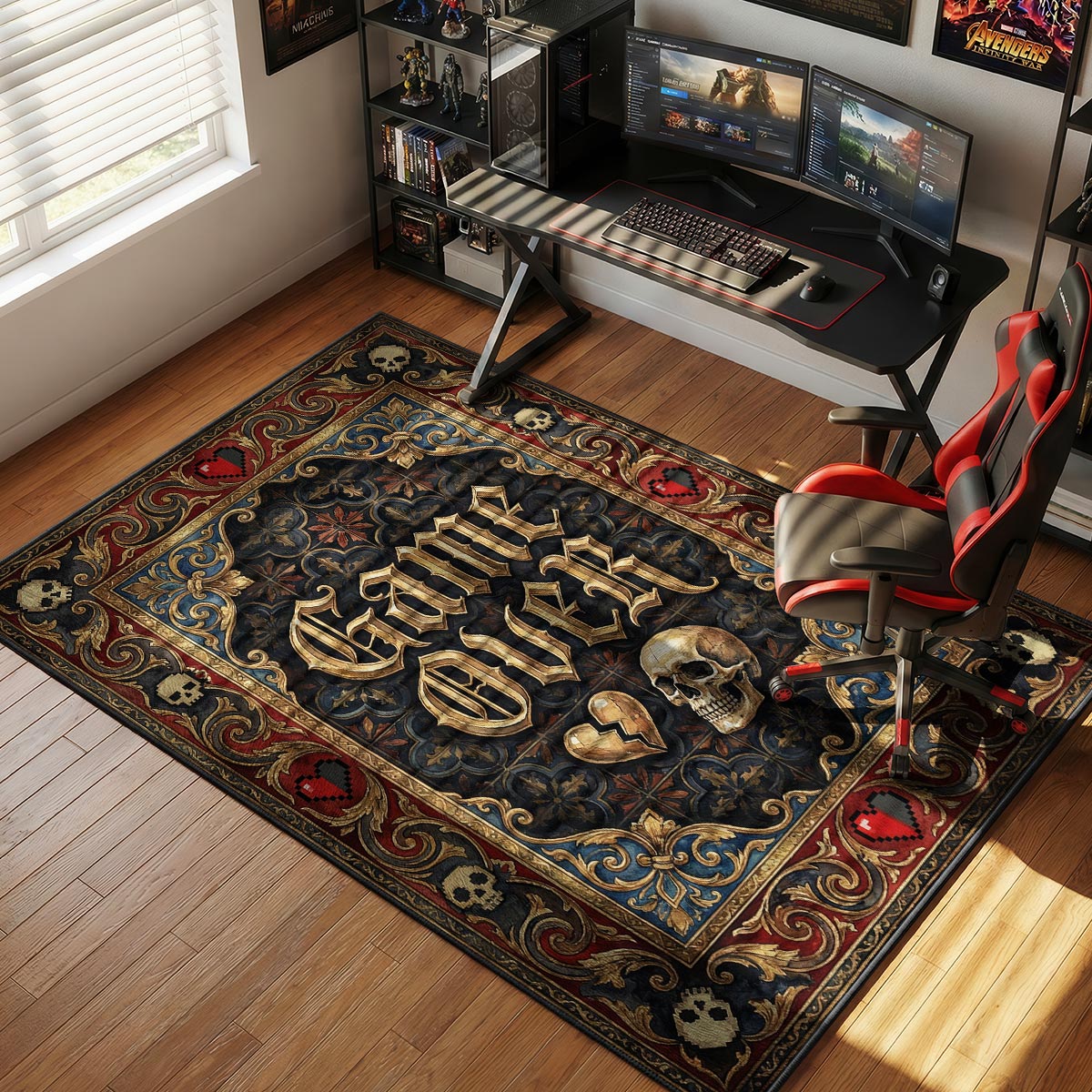 Battle Station rug placed under a tactical PC gaming desk with military green accents