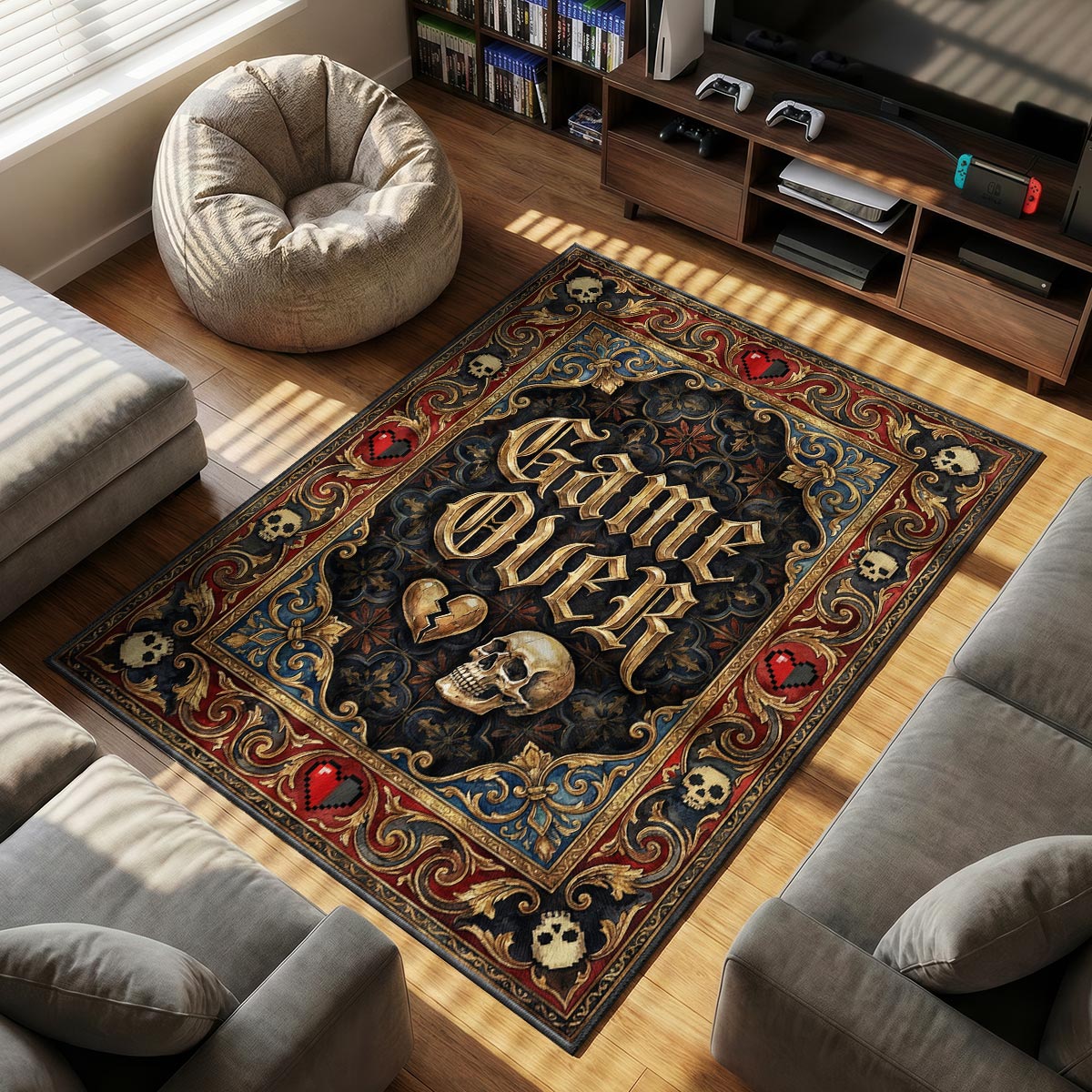 Close-up of Battle Station rug showing stencil font and grid line detail on velvet surface
