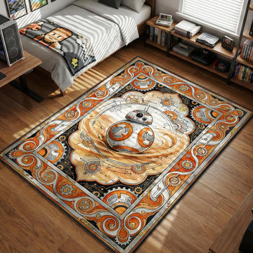 BB-8 rolling across desert sand surrounded by clockwork gears in an ornate steampunk watercolor art style movie themed area rug and home theater mat