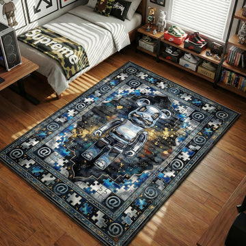Bearbrick metallic chrome figure on blue puzzle pattern background hypebeast area rug