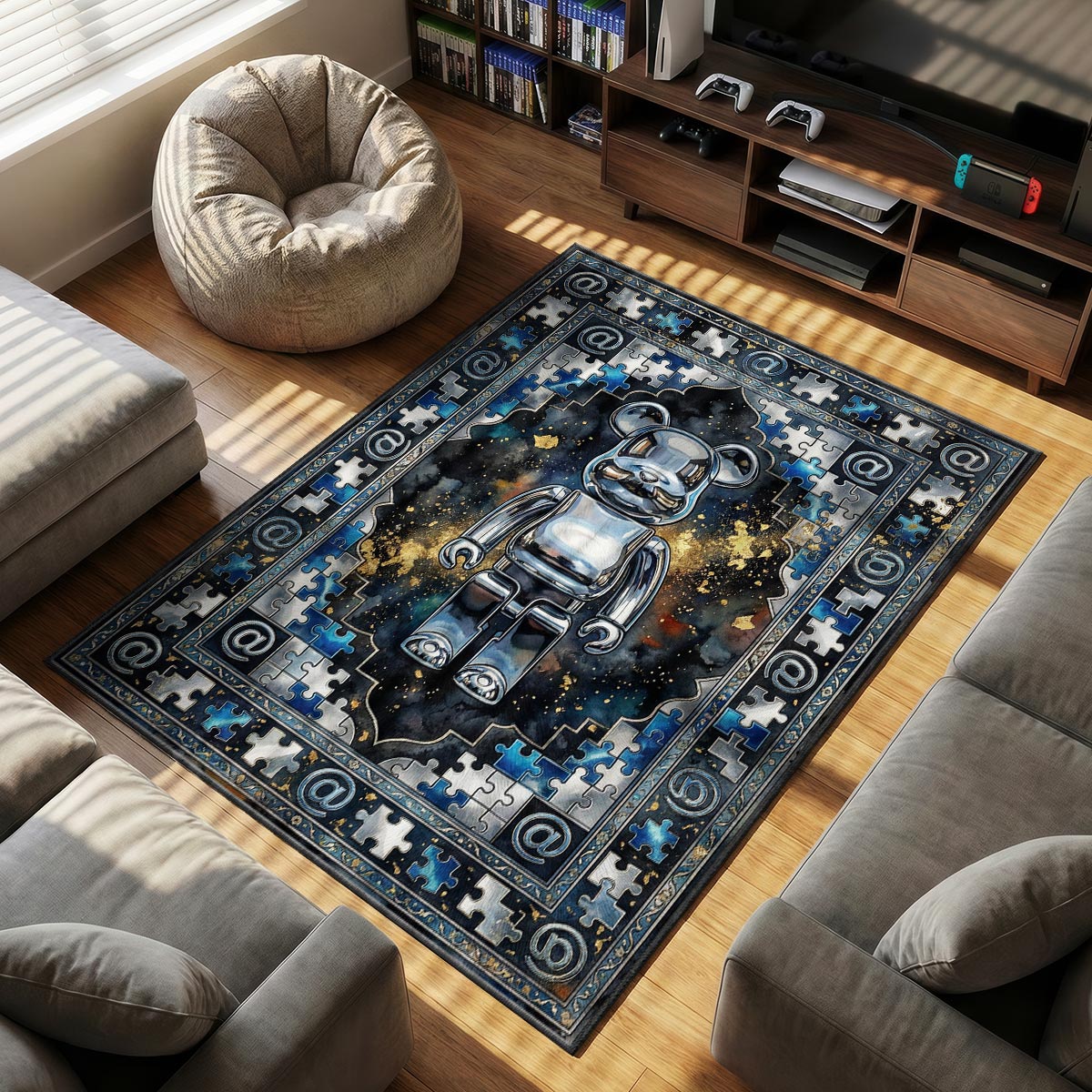 Bearbrick Chrome themed area rug for home decor fans