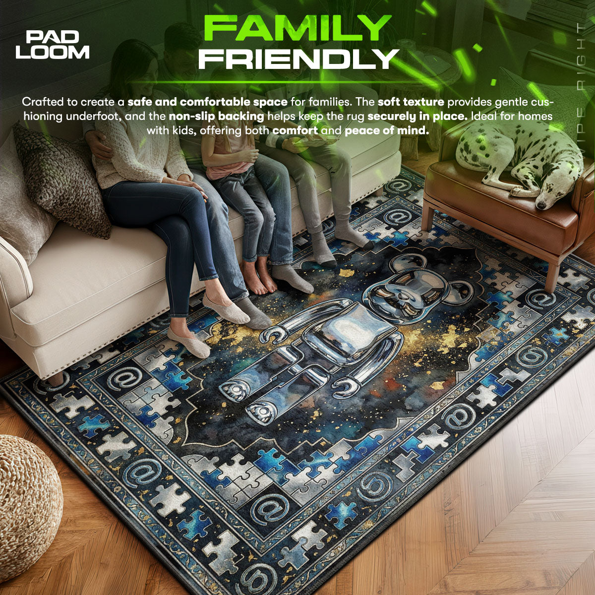 Bearbrick area rug showing full home decor artwork