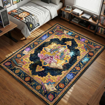 Beatrice sitting in forbidden library with books and spirits traditional rug art style area rug and floor mat