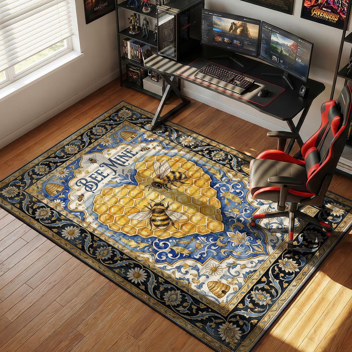 Bee Mine rug placed in a bright kitchen beside white cabinets and a honey jar on counter