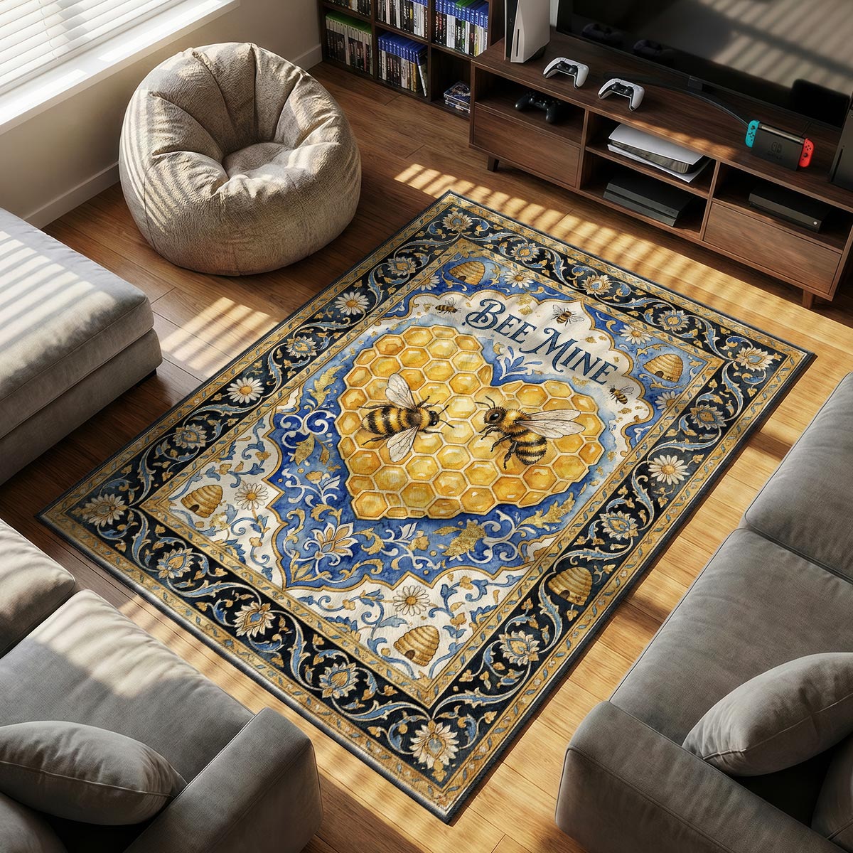 Close-up of Bee Mine rug showing honeycomb cell detail and fuzzy bee texture on velvet fiber