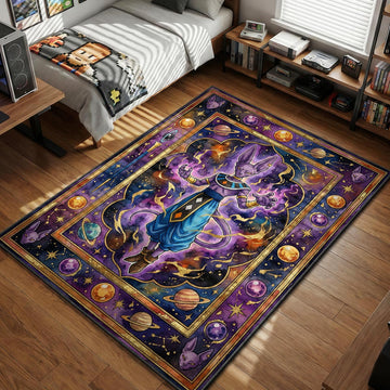Lord Beerus standing in galaxy background with Whis staff and planets in celestial art style area rug and floor mat