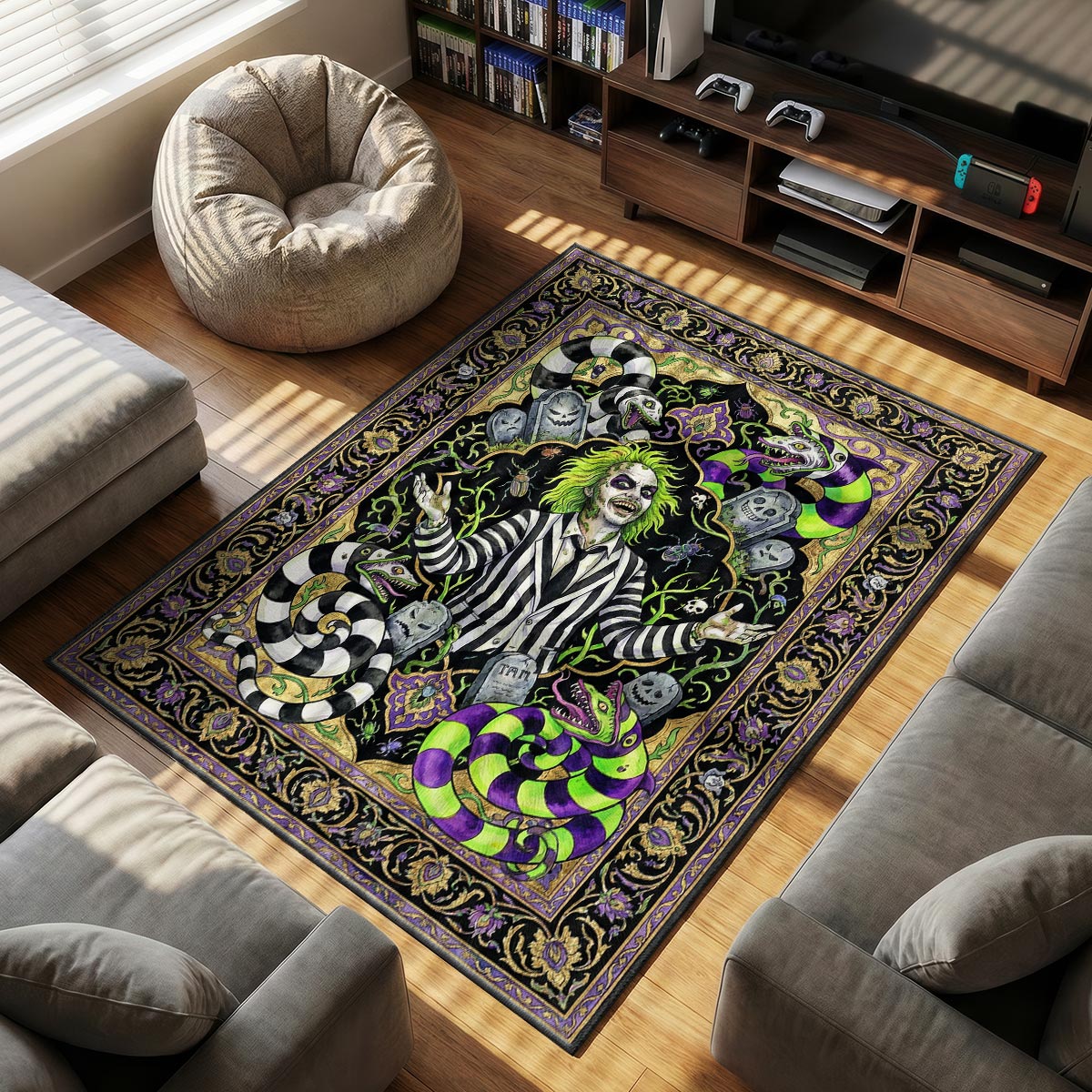 Beetlejuice Sandworm themed area rug for home decor fans