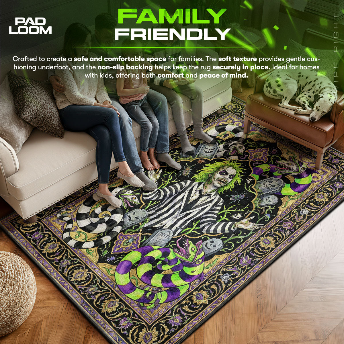 Beetlejuice area rug showing full home decor artwork