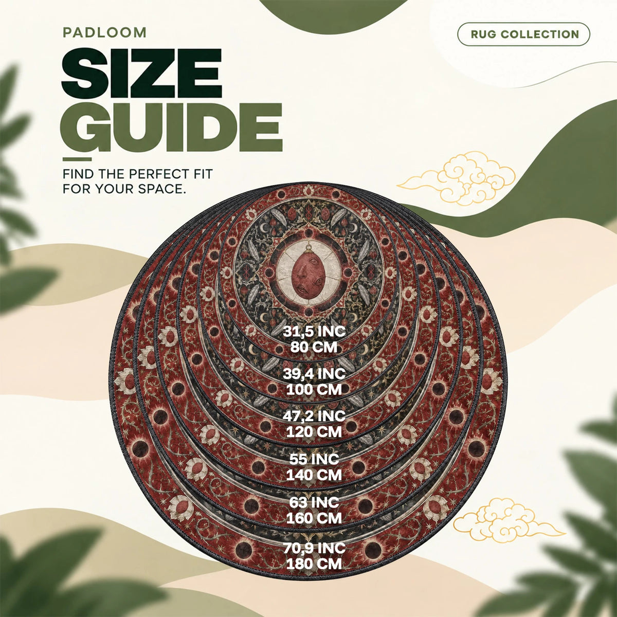 Behelit Eclipse round rug size guide, 80 to 180 cm (31.5 to 70.9 in)