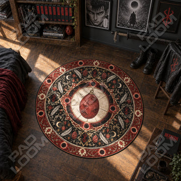Behelit Eclipse Berserk round rug on a bedroom floor - Berserk chair mat