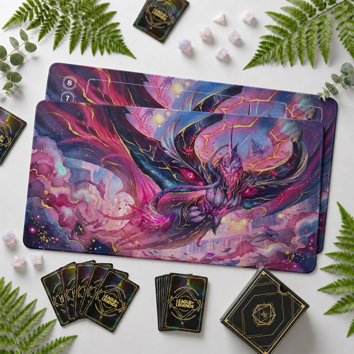 Bel'Veth Bloom Riftbound TCG playmat with card zones and score track – LoL game mat