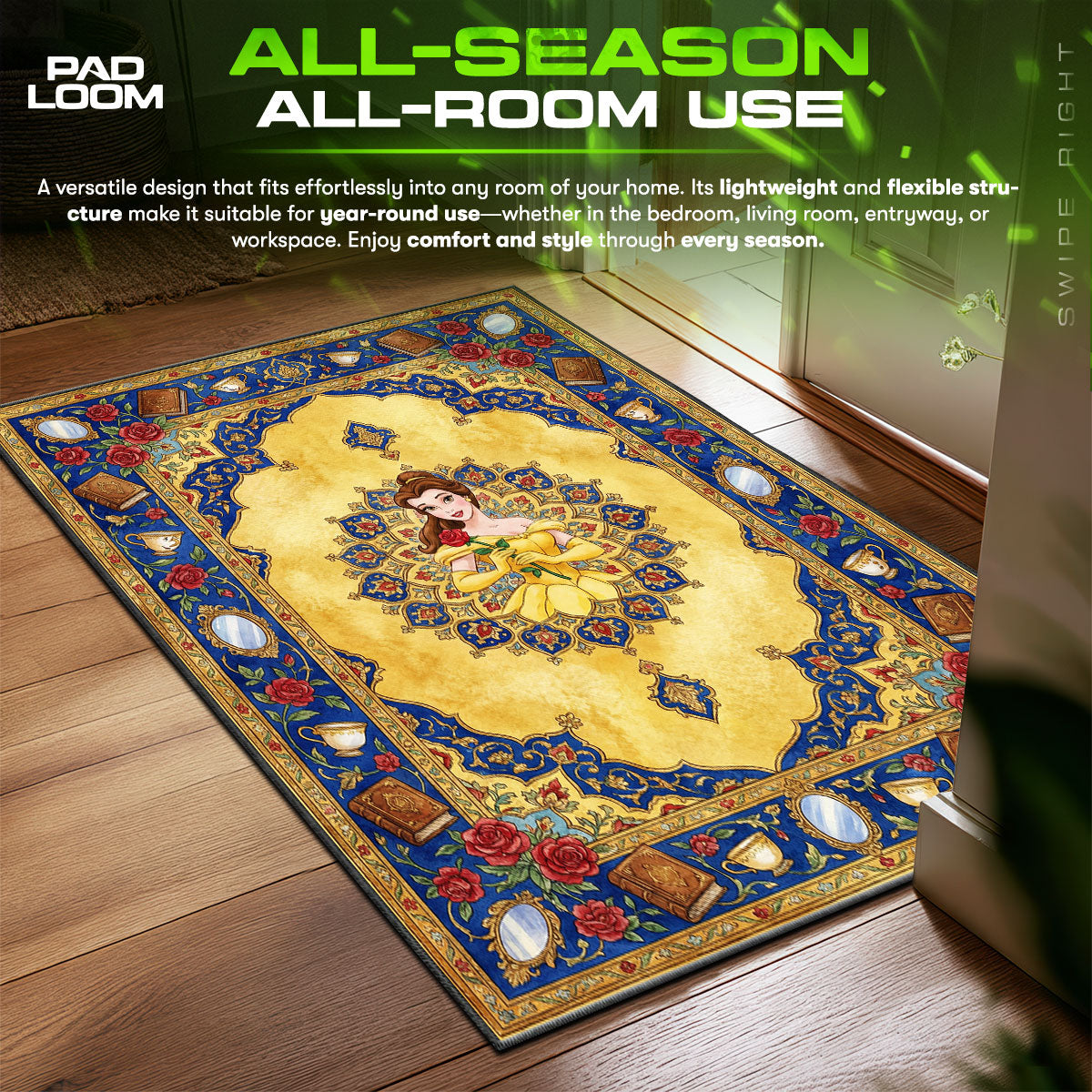 Belle Beauty Beast Princess Kids fan rug — premium quality print