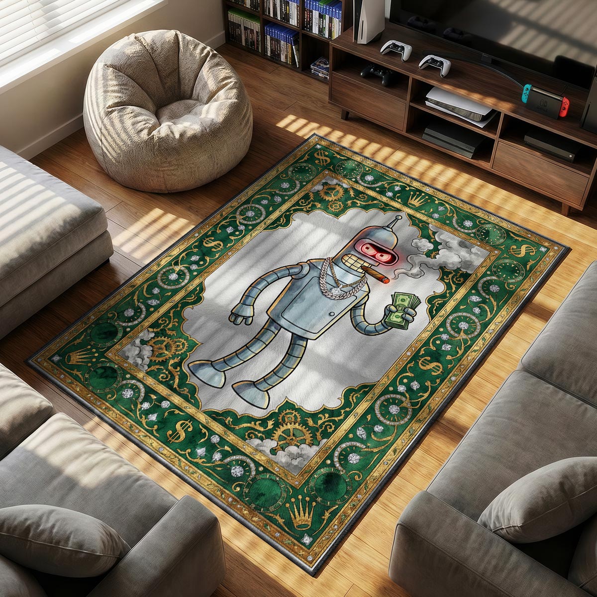 Bender Cash themed area rug for home decor fans