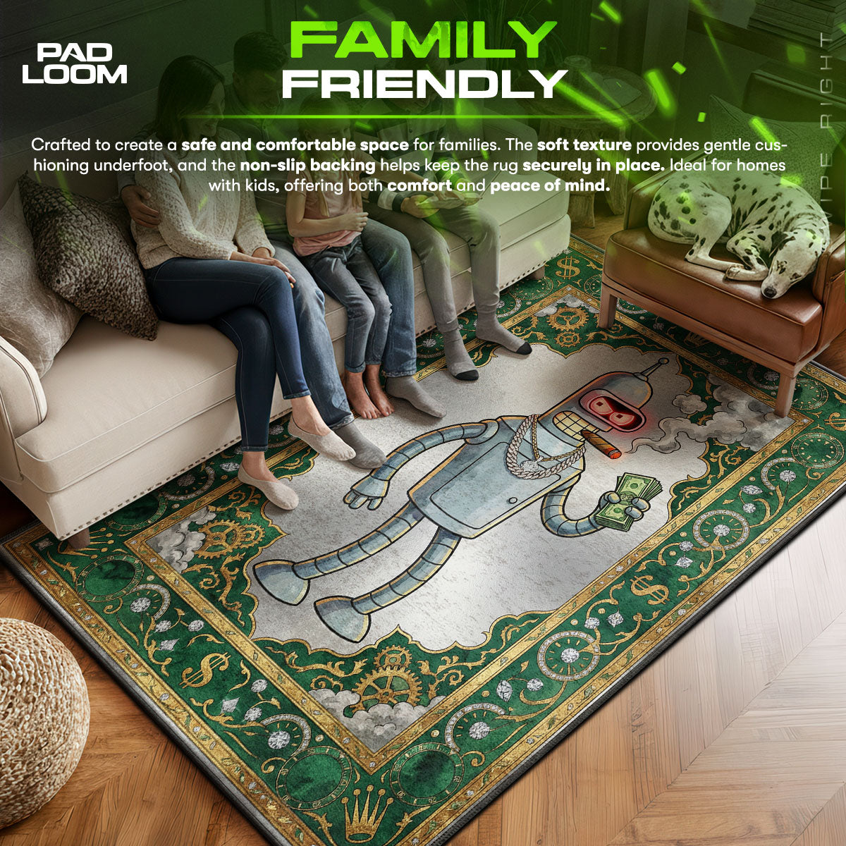 Bender area rug showing full home decor artwork