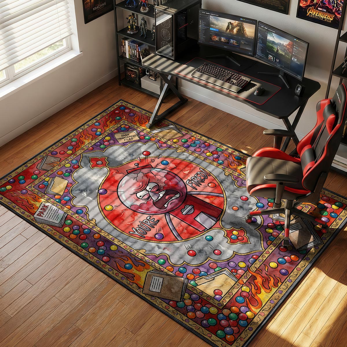 Benson rug placed in a home office beside a desk with red accent wall and warm overhead light
