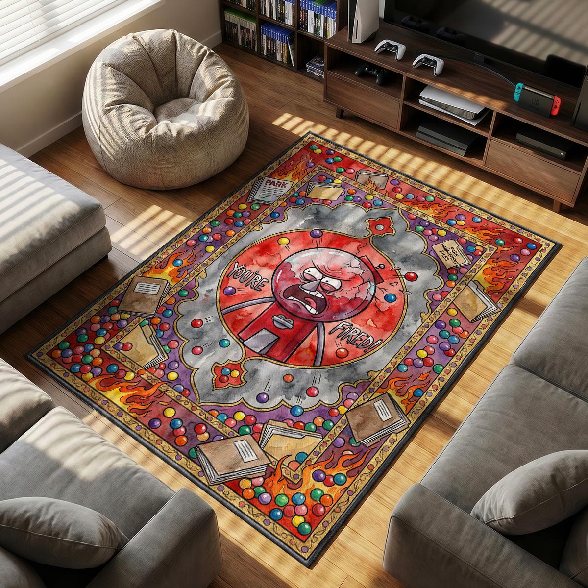Close-up of Benson area rug showing cracked dome detail and colorful gumball dye-sublimation