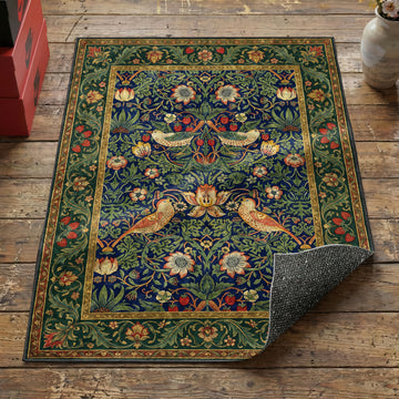 Arts and Crafts berry thief area rug with mirrored birds and strawberries on navy acanthus field
