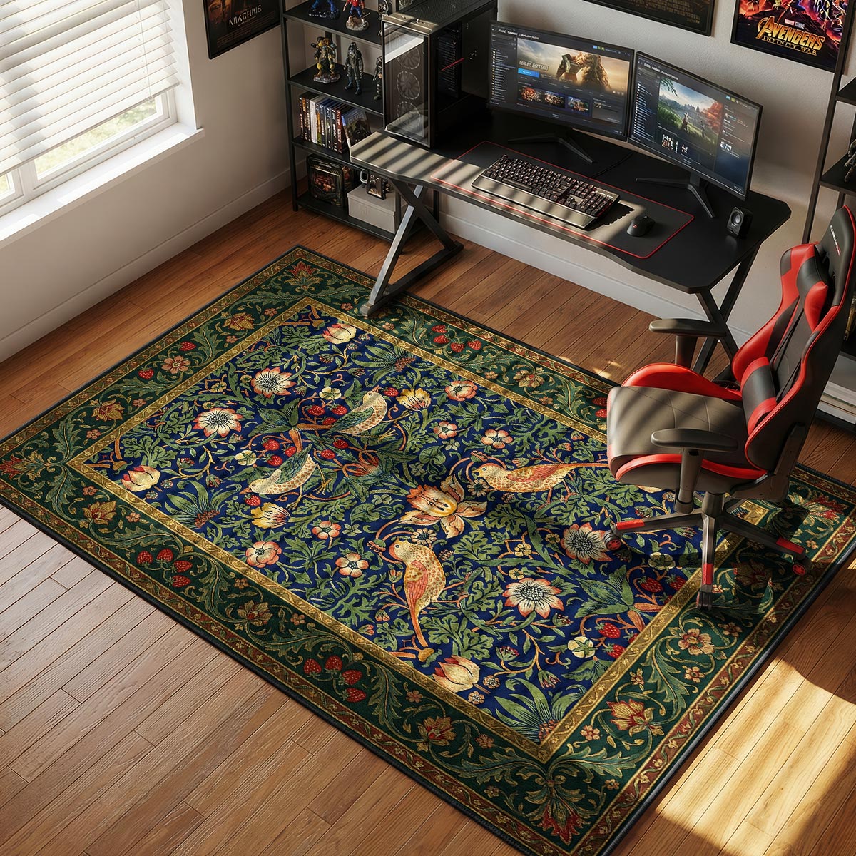 Berry thief tapestry rug placed in a traditional dining room with dark wood table and brass chandelier