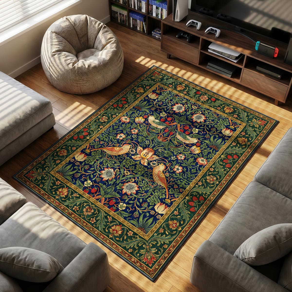 Close-up of berry thief rug showing speckled bird feather detail and strawberry cluster on velvet
