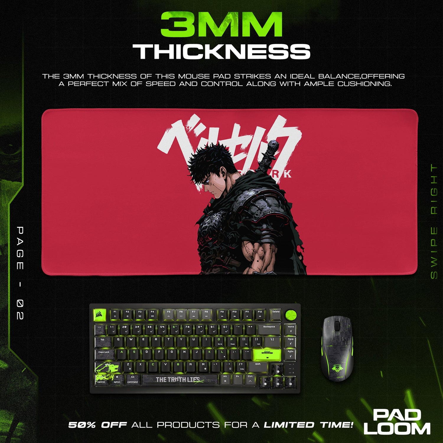 Berserk Guts Crimson Resolve Mouse Pad, Anime Gaming Desk Mat Padloom