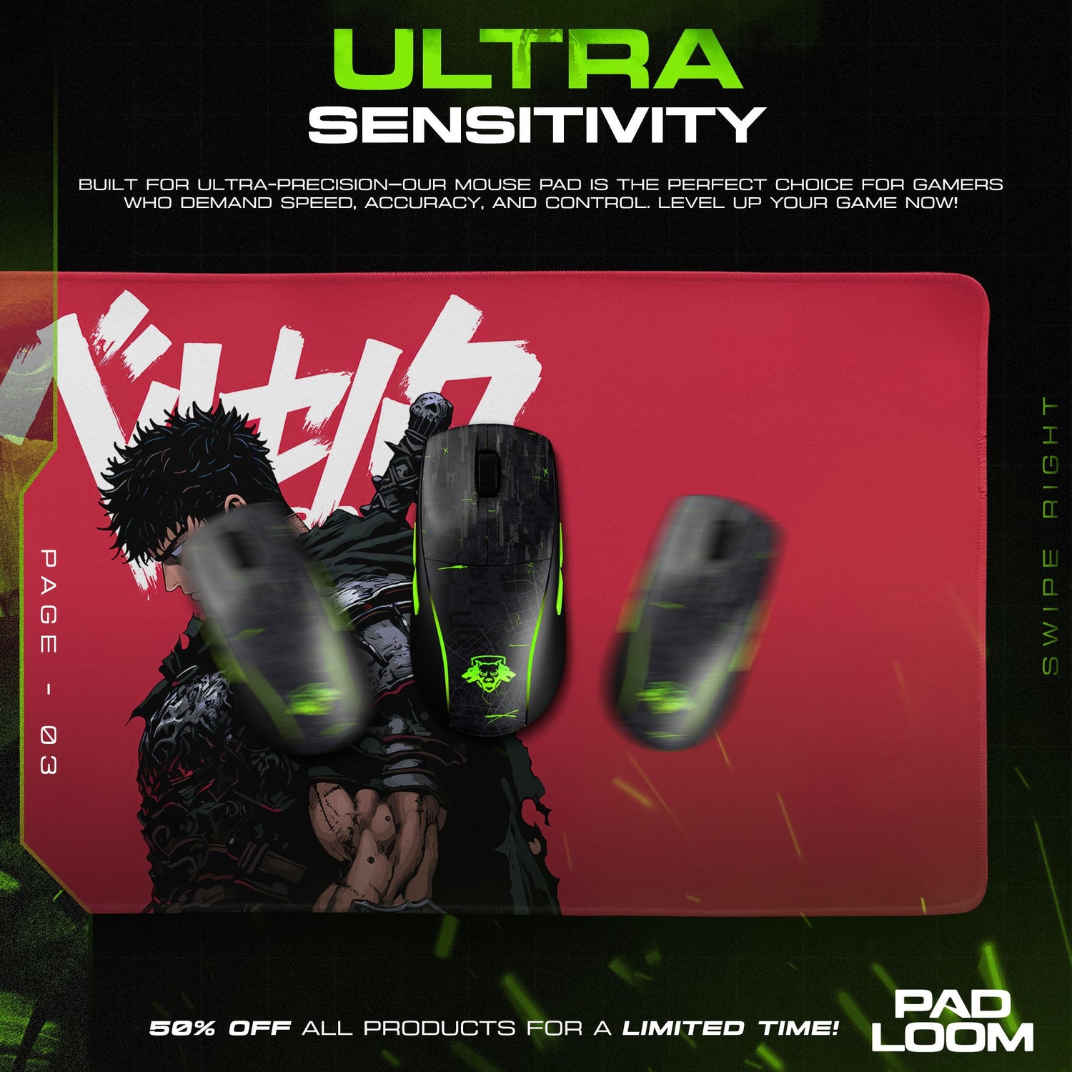 Berserk Guts Crimson Resolve Mouse Pad, Anime Gaming Desk Mat Padloom