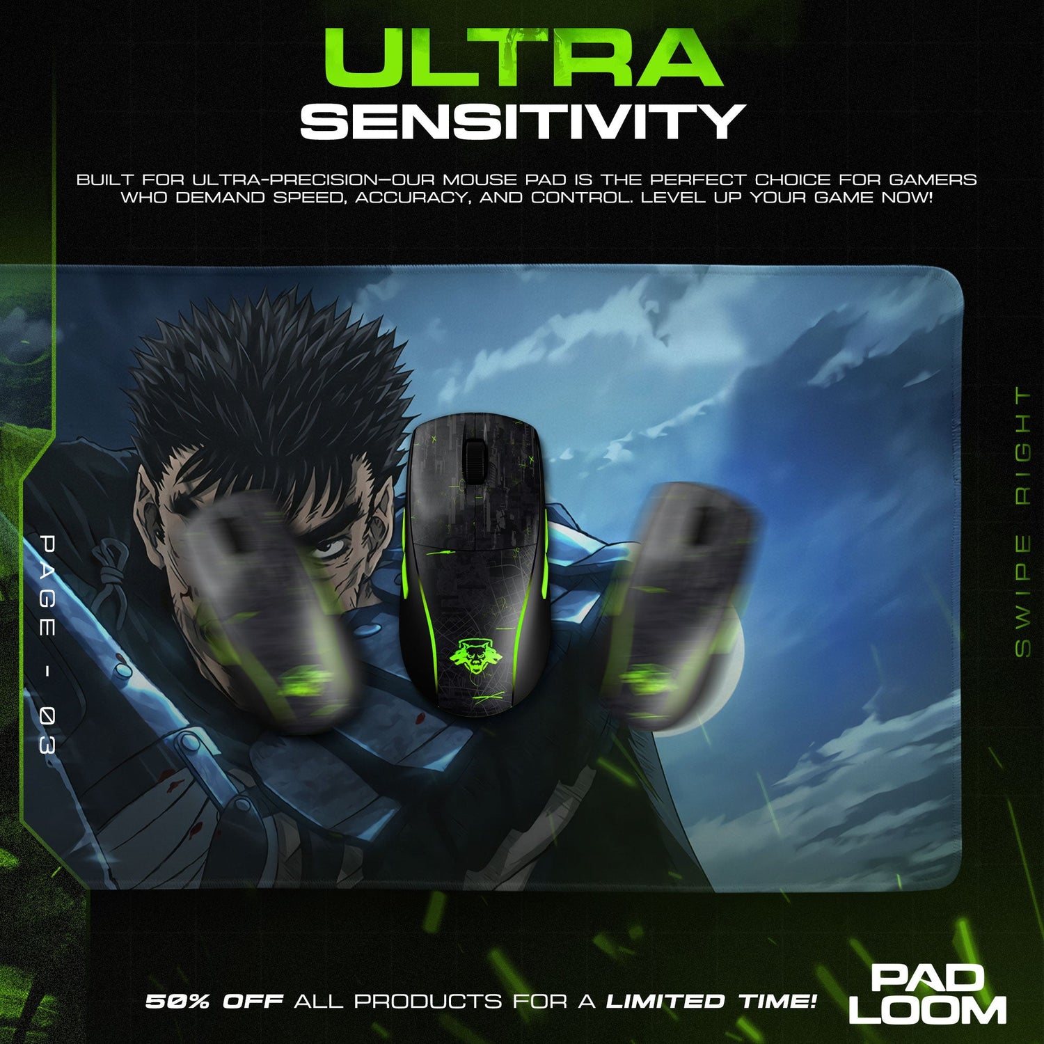 Berserk Guts Moonlight Mouse Pad - Dark Anime Gaming Desk Mat Padloom