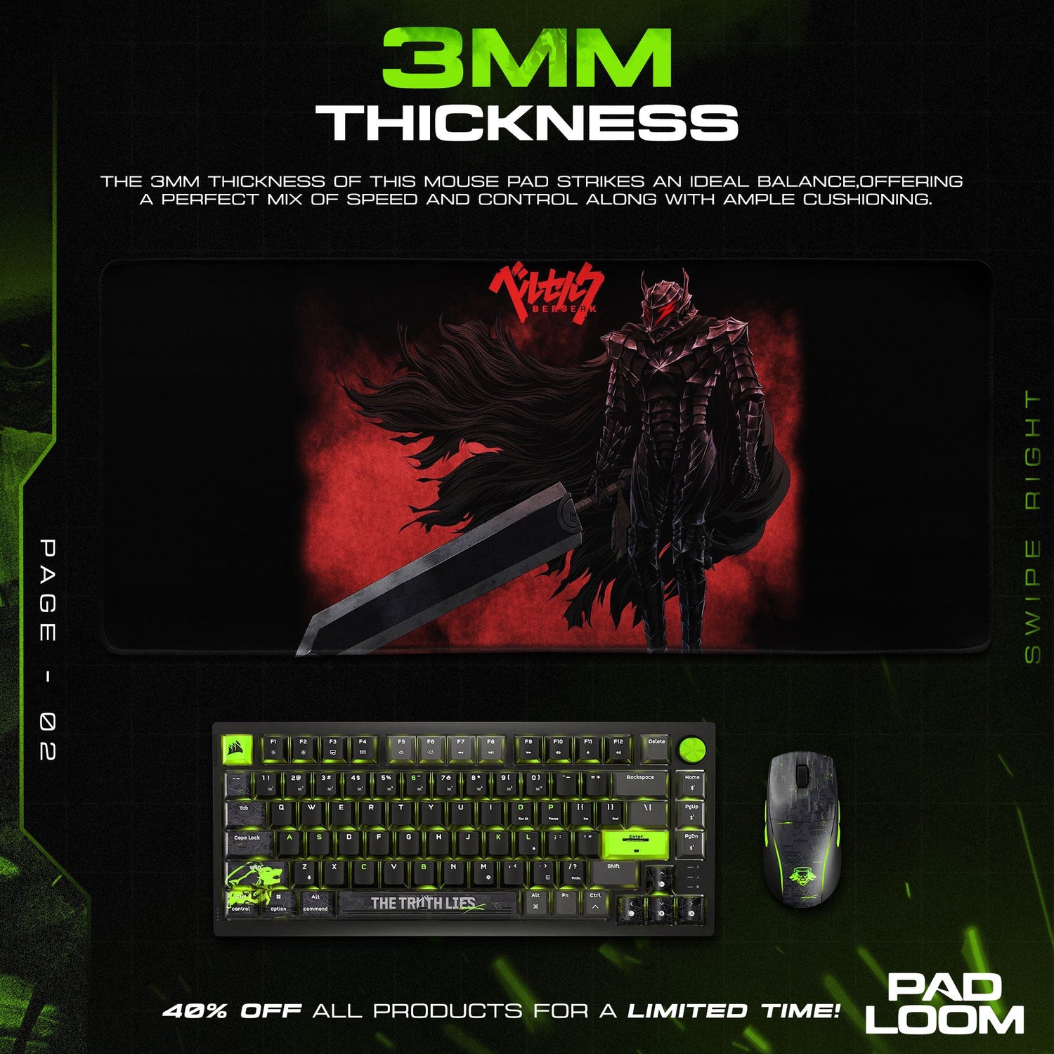 Berserk Guts Mouse Pad, Black Swordsman Gaming Desk Mat Padloom