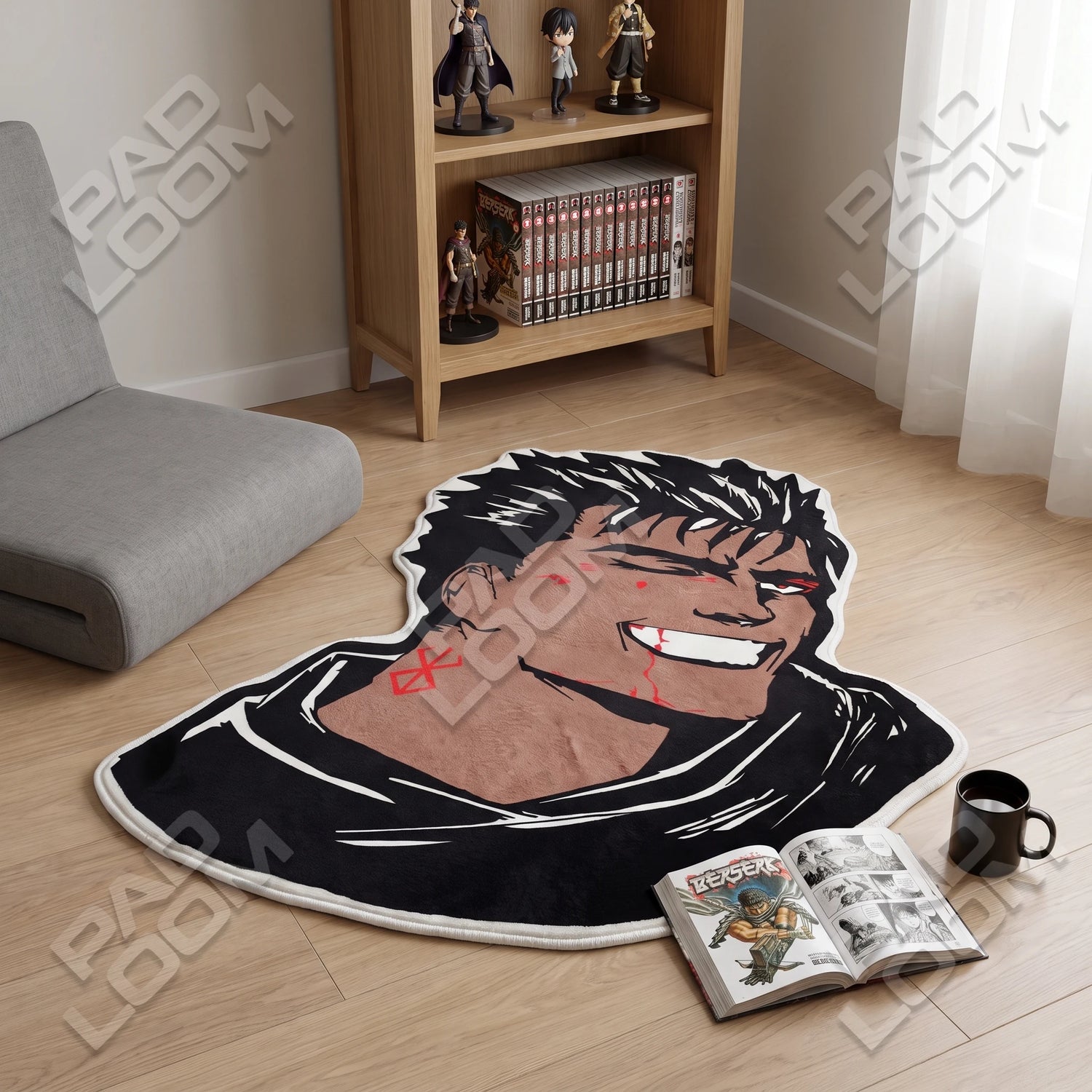 Berserk shaped rug shown in a room setting