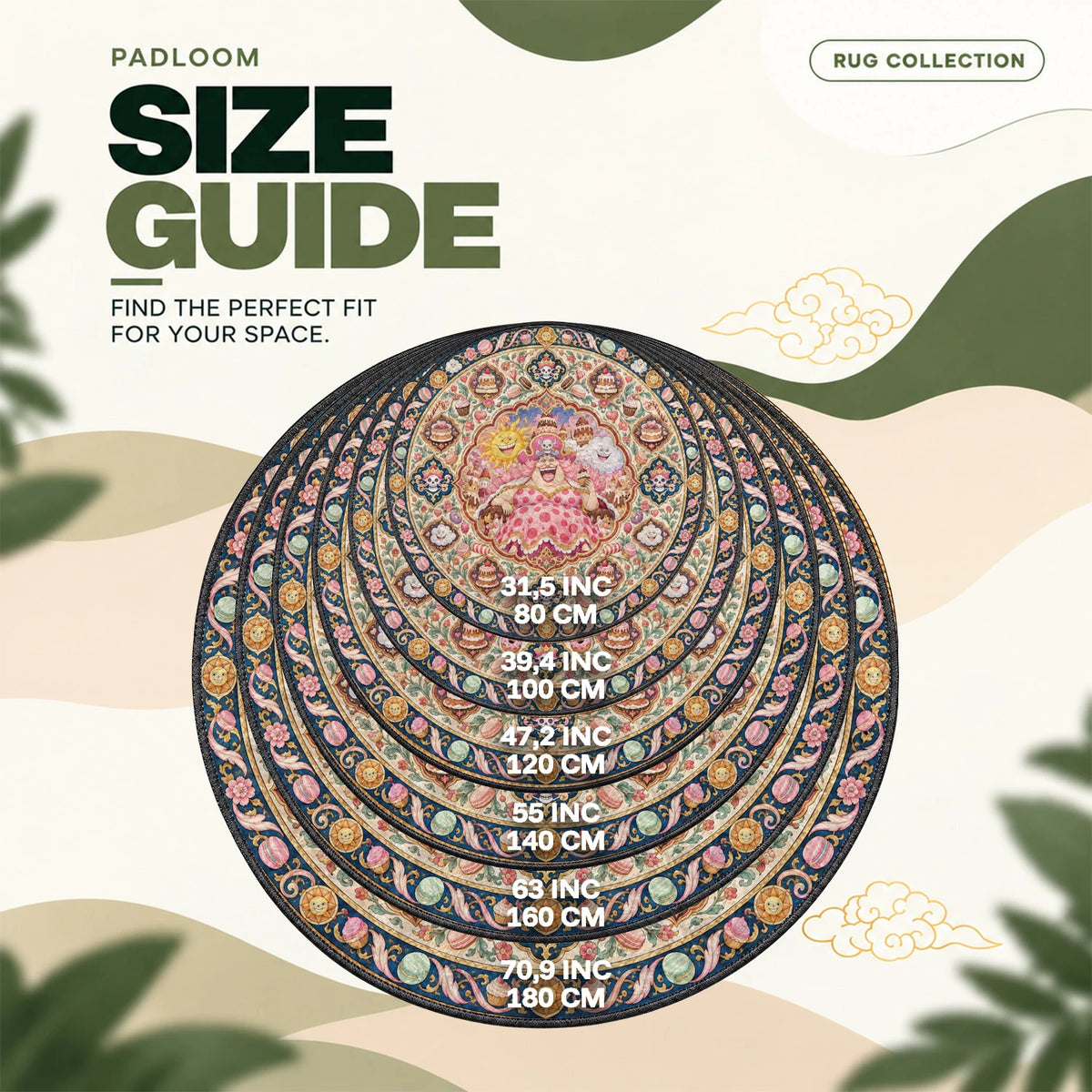 Big Mom Laughing round rug size guide, 80 to 180 cm (31.5 to 70.9 in)