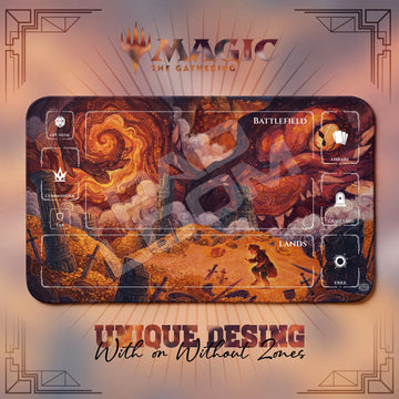 Bilbo Smaug Swirl MTG playmat, red and orange art with play zones, 24 x 14 in