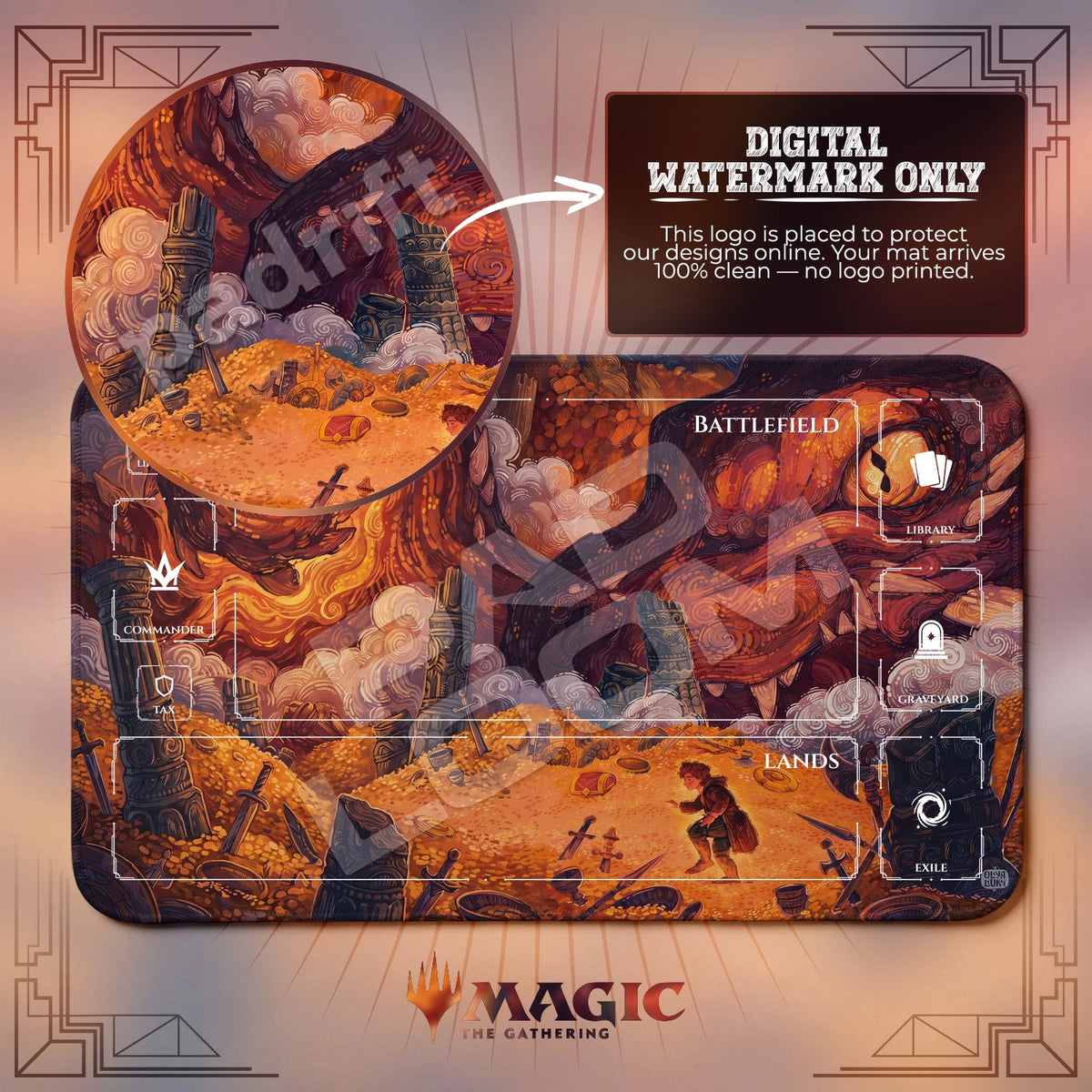Bilbo Smaug Swirl MTG playmat with zones; the Padloom watermark is digital only, not printed