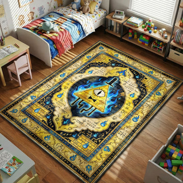 Bill Cipher Gravity Falls area rug with blue flames and cipher runes on yellow navy tapestry