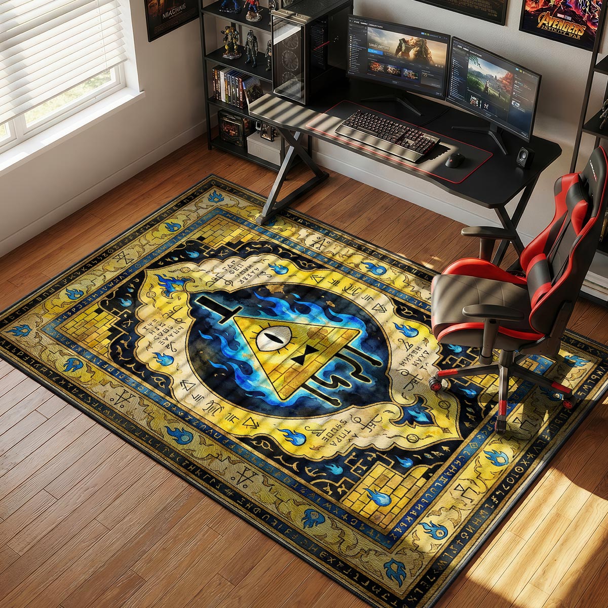 Bill Cipher rug placed in a dark bedroom with navy walls and warm amber desk lamp